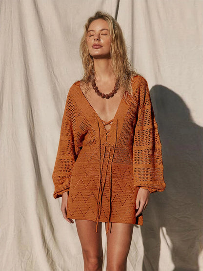 Plunging V-neck Lace-up Bell Sleeve Knit Mesh Hollow Out Beach Mini Dress Tunic