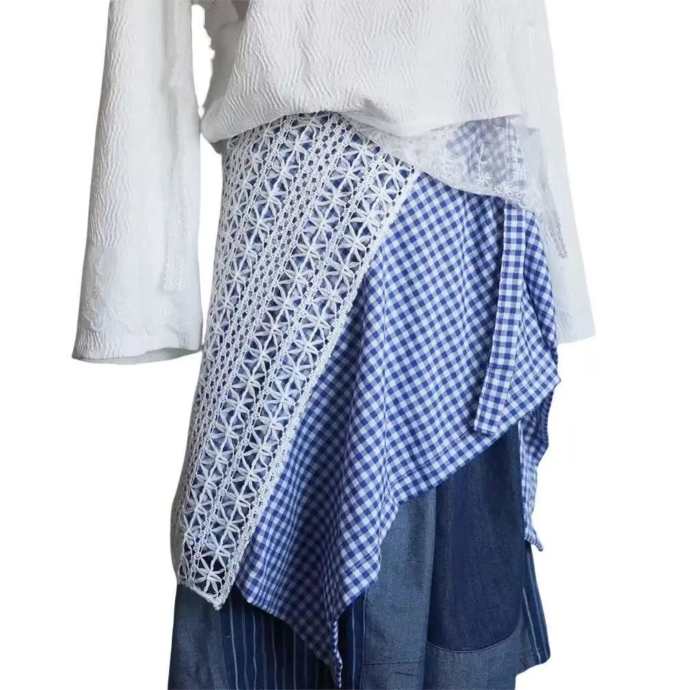 Sporty Street Style with Ruffle and Bow Tie Asymmetrical Hankie Hemline Elastic Waist, Plaid Patterned Skirt--Sizes 58 Centimeter Waist