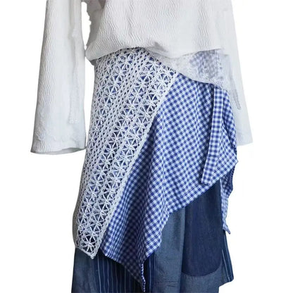 Sporty Street Style with Ruffle and Bow Tie Asymmetrical Hankie Hemline Elastic Waist, Plaid Patterned Skirt--Sizes 58 Centimeter Waist