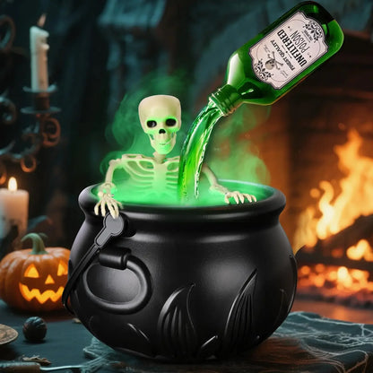 1 Set. Halloween Witch Cauldron with LED Light & Fog Mist Maker.  Skeleton in Cauldron for Spooky Hocus Pocus Decoration