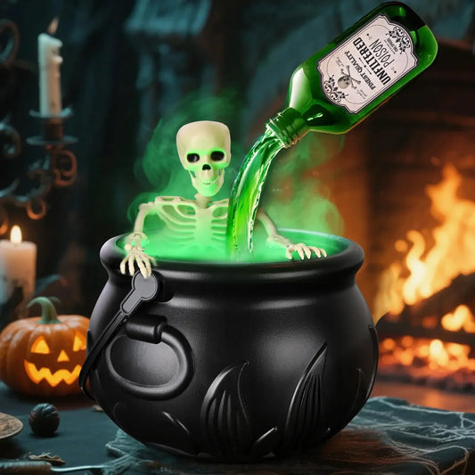 1 Set. Halloween Witch Cauldron with LED Light & Fog Mist Maker.  Skeleton in Cauldron for Spooky Hocus Pocus Decoration