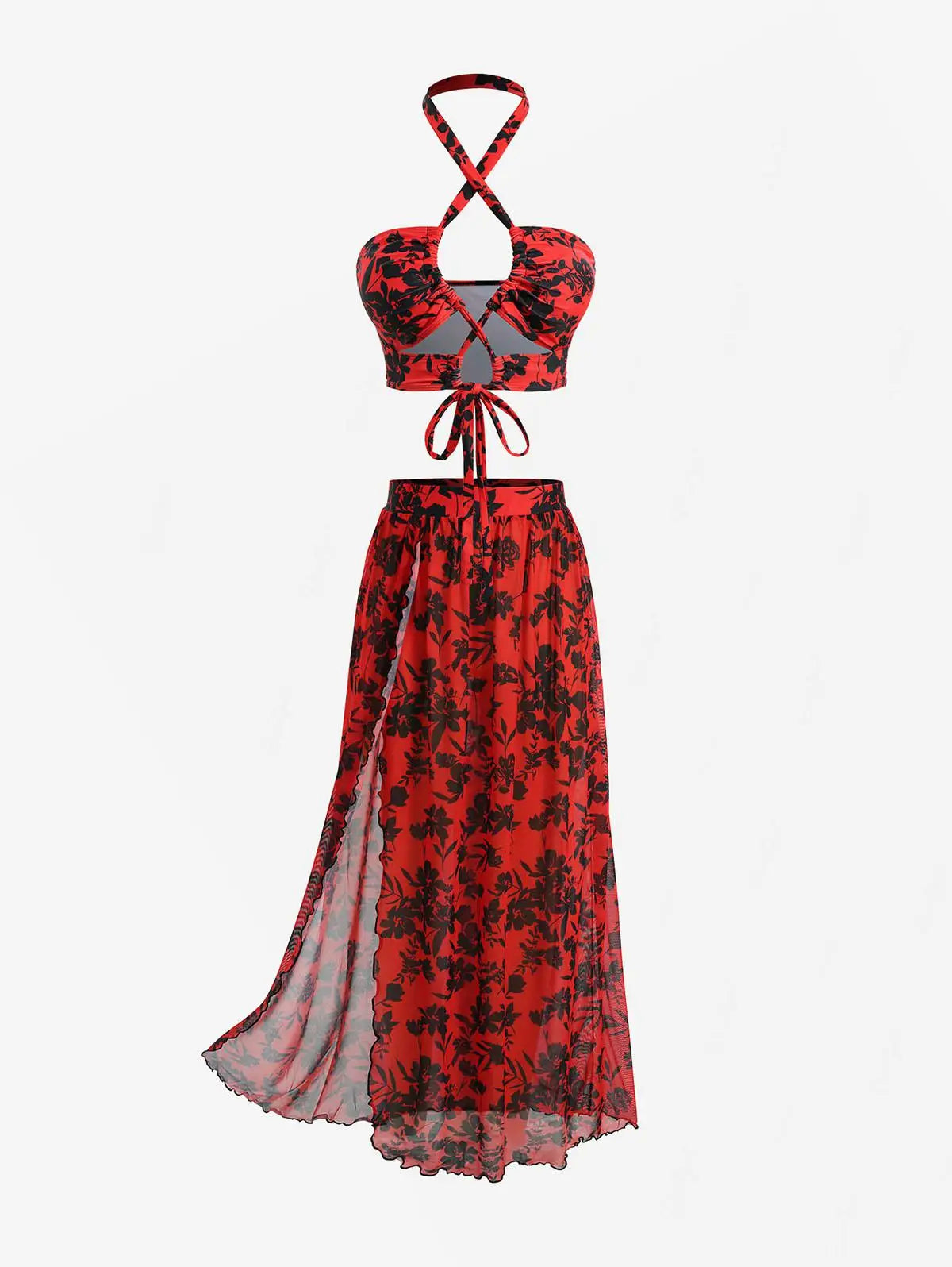 Sizes to 4XL, Red & Black Floral Tankini, 3-Piece with Skirt, Halter Neck, High Waist, Removable Padding, High Stretch Fabric