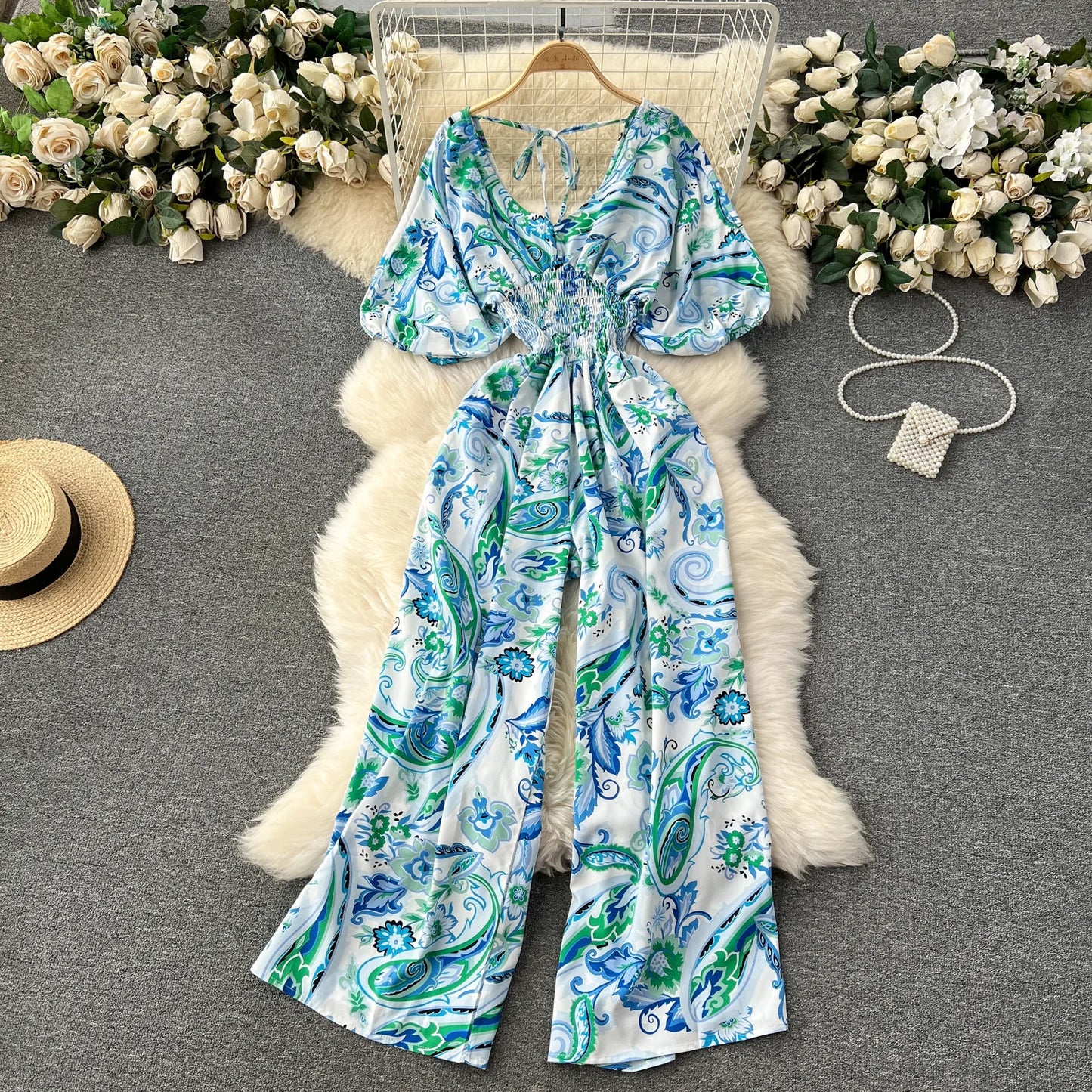 V Neck Dolman Sleeves Slim Waisted Floral and Polka Dot Print Jumpsuit with Wide Legs