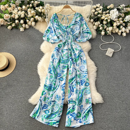 V Neck Dolman Sleeves Slim Waisted Floral and Polka Dot Print Jumpsuit with Wide Legs