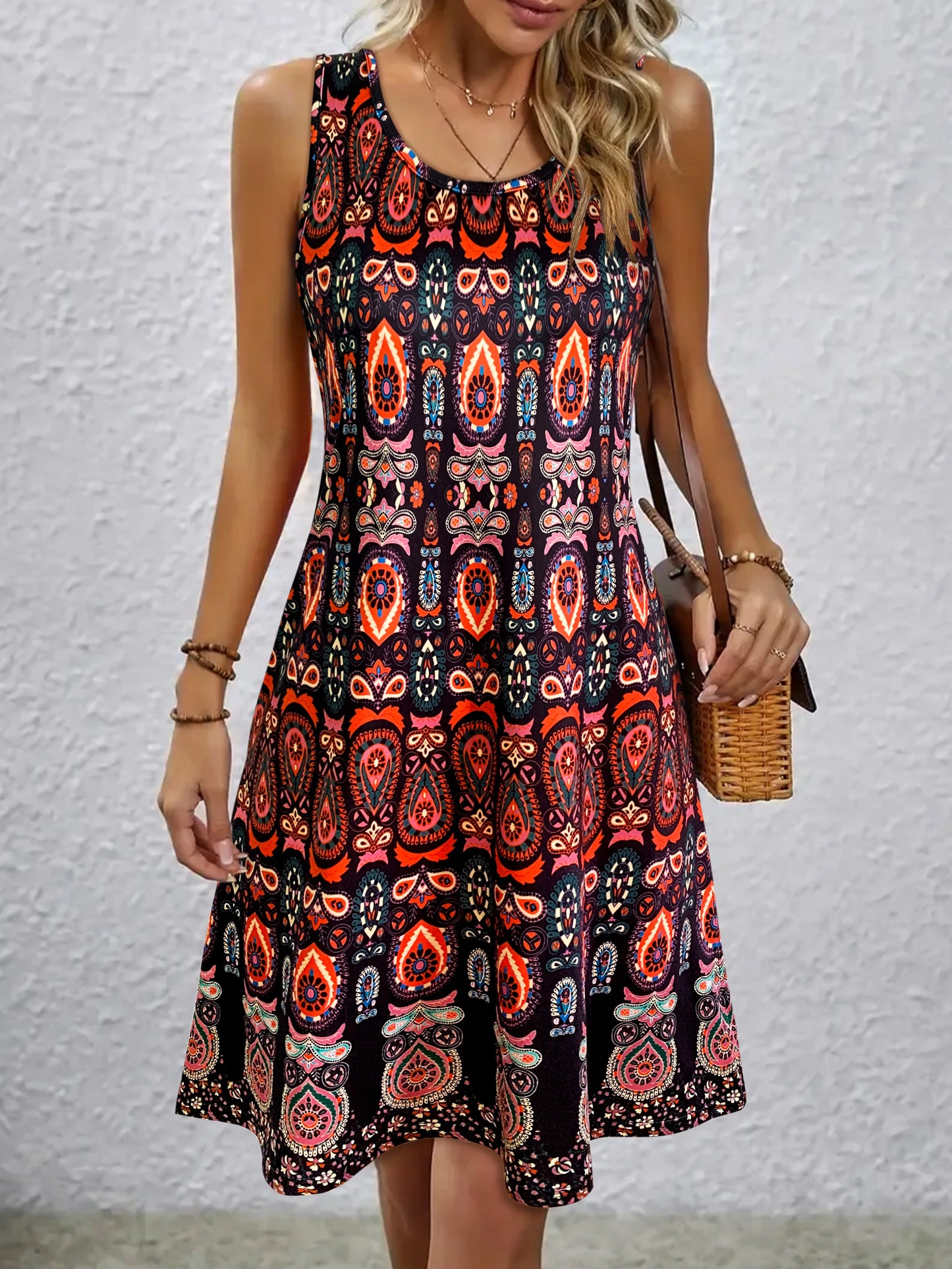 Vintage Boho All-Over Print Casual Sleeveless Dress, Off-Shoulder