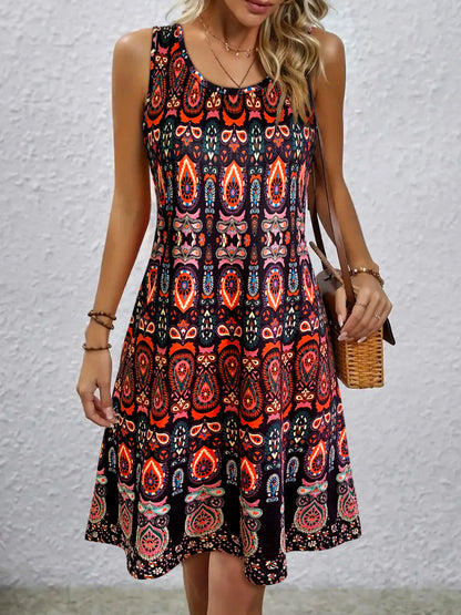 Vintage Boho All-Over Print Casual Sleeveless Dress, Off-Shoulder