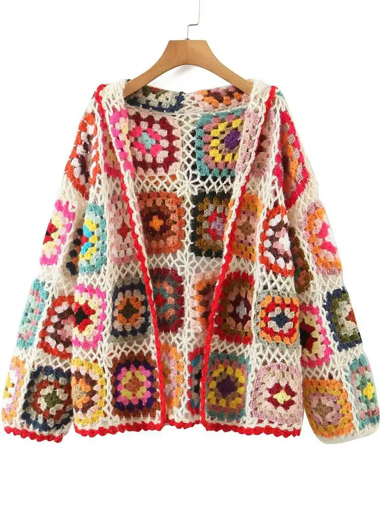 Boho hand-made crocheted cardigan, Square pattern, loose knitted cardigan, Hooded with long sleeves