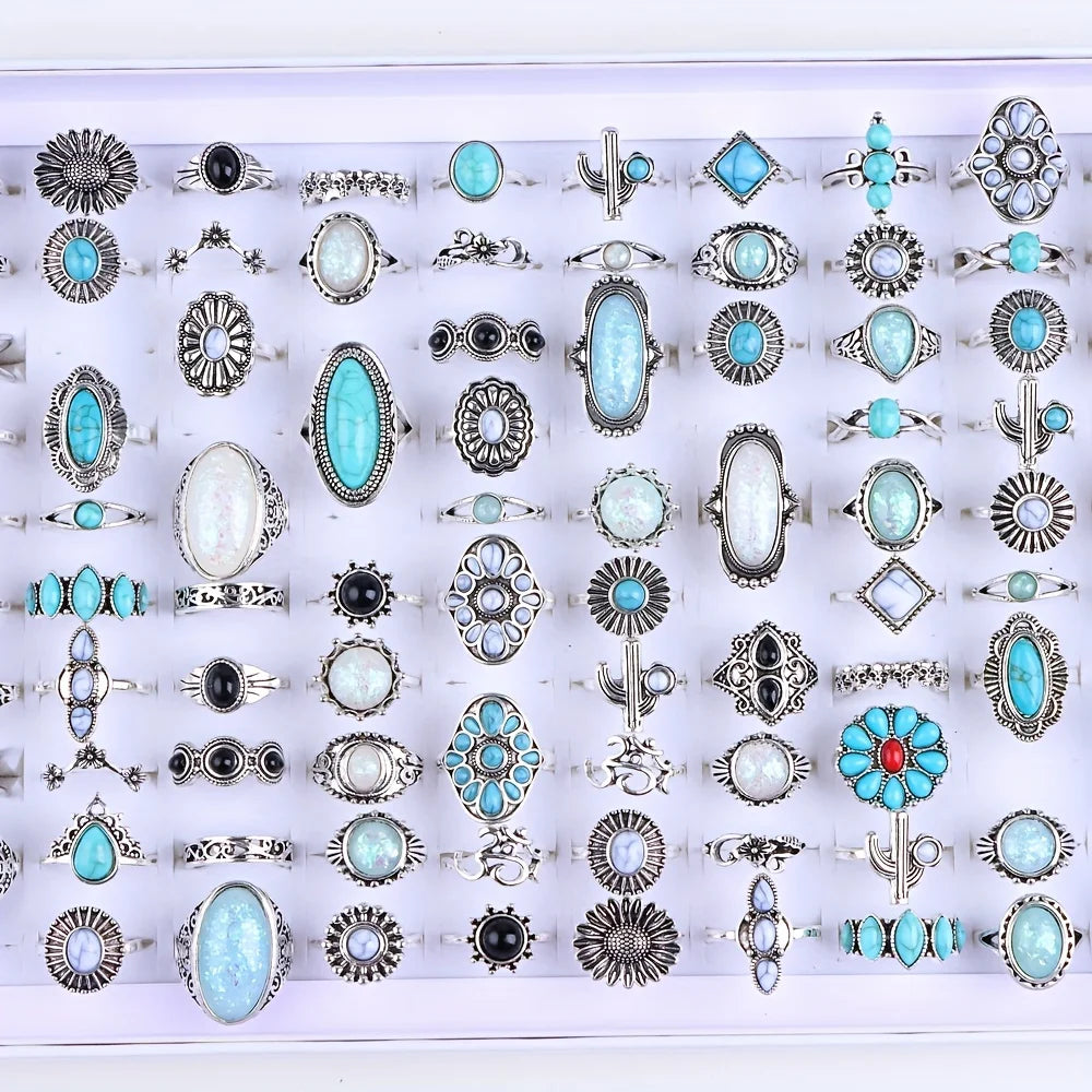 Tray of 20Pcs Vintage Bohemian Turquoise Stone Rings For Women Men Mix