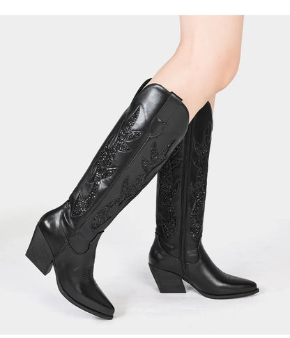 Embroidered Western Cowgirl Boots, Pointed Toe, Thick Heel,  Knee High Boots