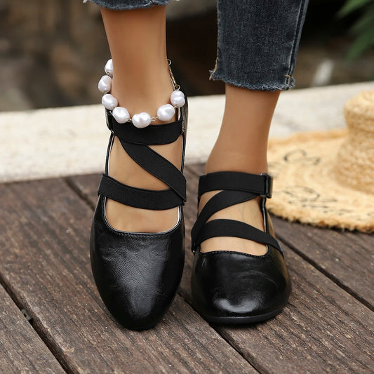 Mary Jane Flats with 1 Pearl Ankle Strap, Retro French Style Cross Elastic Band Shoes