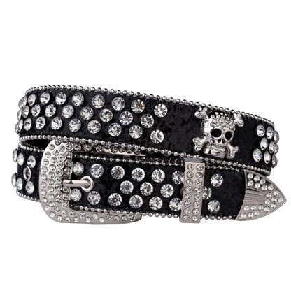 Rhinestone Skull Belt with Studded PU Leather Country or Punk Belt. Also in Silver and Pink PU Leather