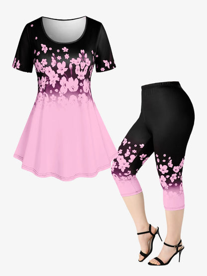 Plus Sizes to 4XL, 3D Printed Outfit, Floral Graphic Top and Matching Capri Leggings
