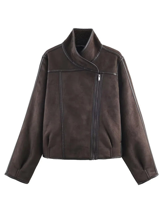Elegant Pocket Decoration Double-sided Jacket Women Loose Long Sleeve Lapel Zipper Casual Coat