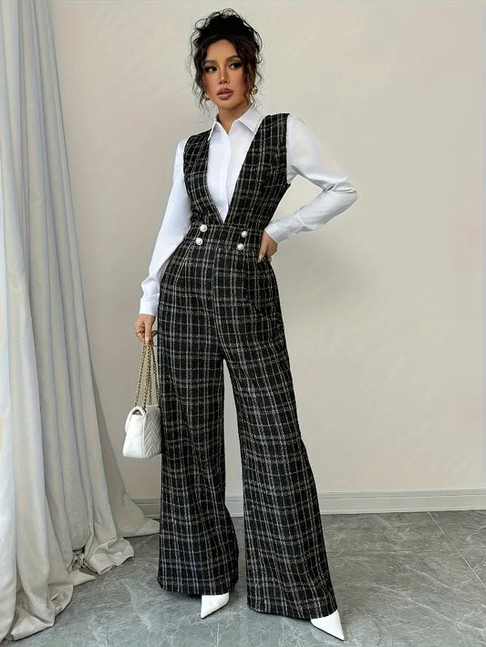High Waisted Wide Leg Plaid Tweed Jumpsuit Double Breasted attached Vest with Pearl Buttons