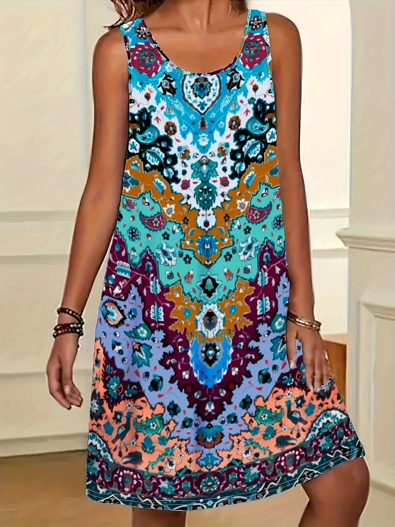 Bohemian Sleeveless Round, A Line Neck, Knee Length, Floral Midi Dress