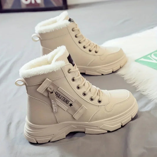 Short Snow Boots, Anti‑Slip, Warm Fur Lined, Lace-Up Casual Ankle Boots, Come in Black, White, Tan