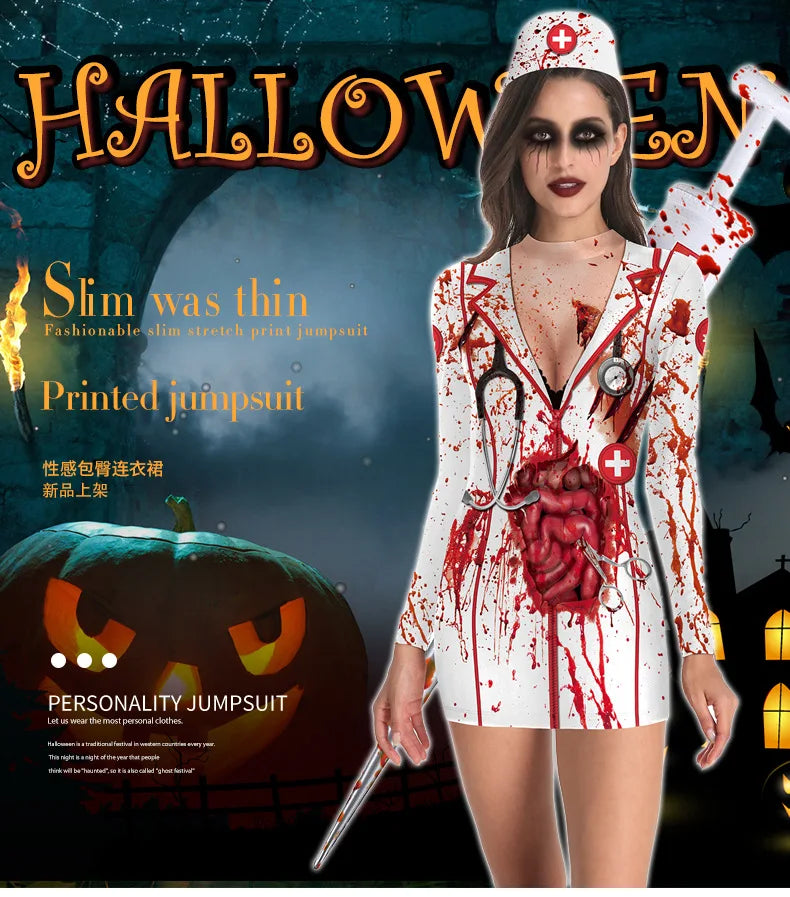Bloody Nurse Cosplay Costume Dress Long Sleeves Sexy Tight Nurse Uniform and Skeleton Uniform.  Plus others