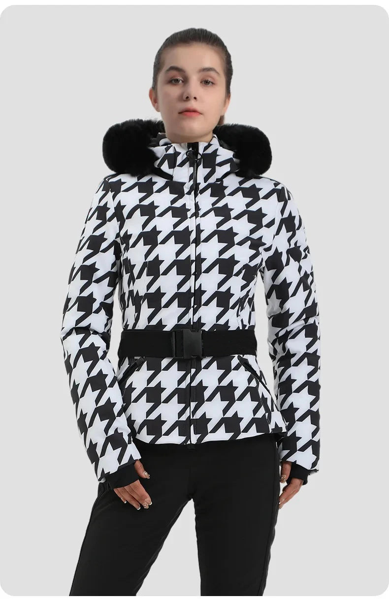 Warm Windproof Hooded Ski Jacket in 8 colors, including Black and White Houndstooth. Ski Pants Sold Separately