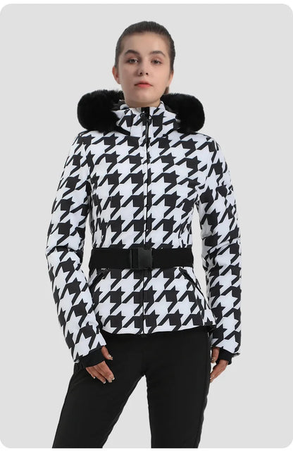 Warm Windproof Hooded Ski Jacket in 8 colors, including Black and White Houndstooth. Ski Pants Sold Separately