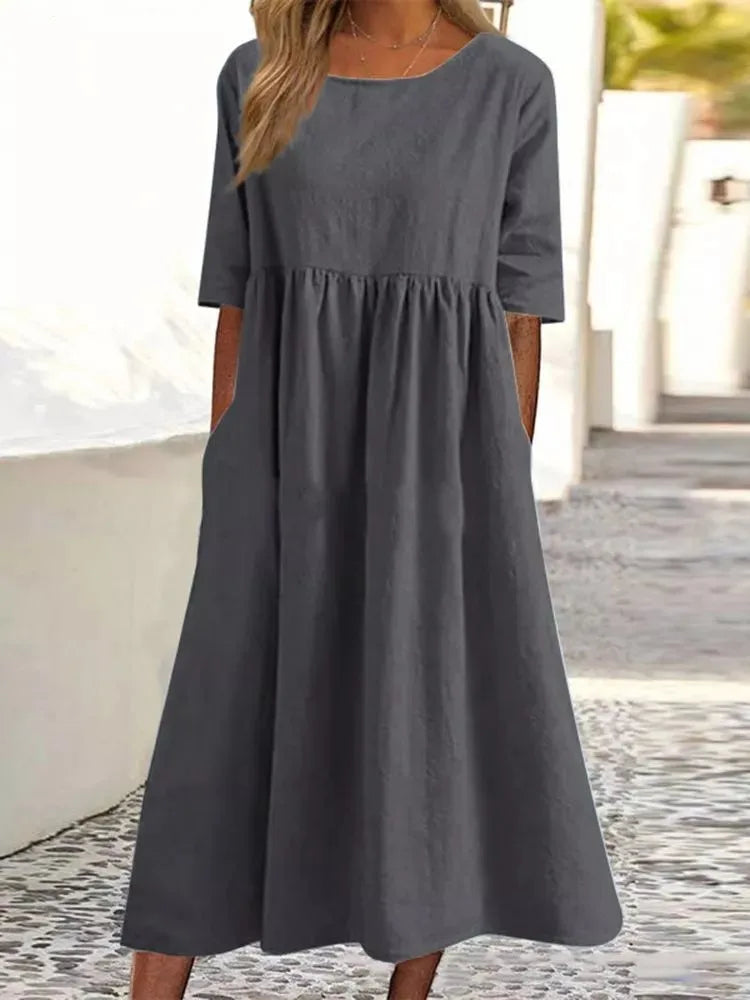 Cotton and Linen Casual Short Sleeves, Pockets, Loose Round Neck