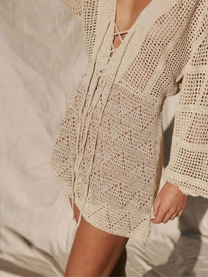 Plunging V-neck Lace-up Bell Sleeve Knit Mesh Hollow Out Beach Mini Dress Tunic