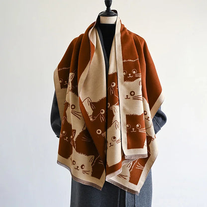 Cute Cat Ladies' Jacquard Pashmina Cashmere Scarf Thick Warm