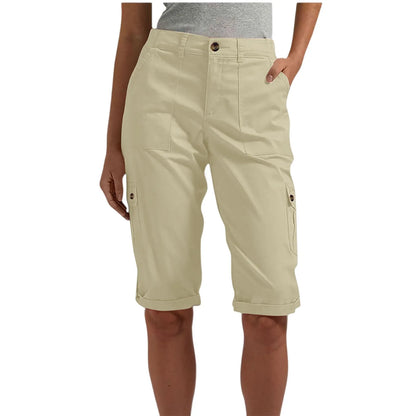 Women's long capri cargo shorts,  Button and Zipper Closure, 6 Colors in Sizes to 2XL
