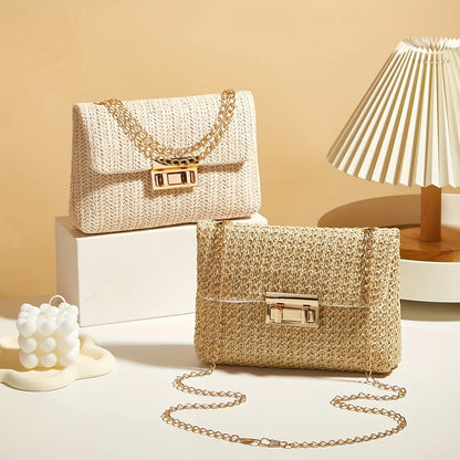 Handwoven Straw Shoulder Bag, Fashion Solid Color Crossbody Purse with Lock Closure