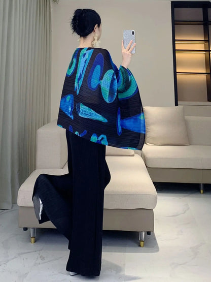 Pleated Striped Shawl, Fashionable Striped, Casual Outerwear, Versatile, Bat Sleeve Cape
