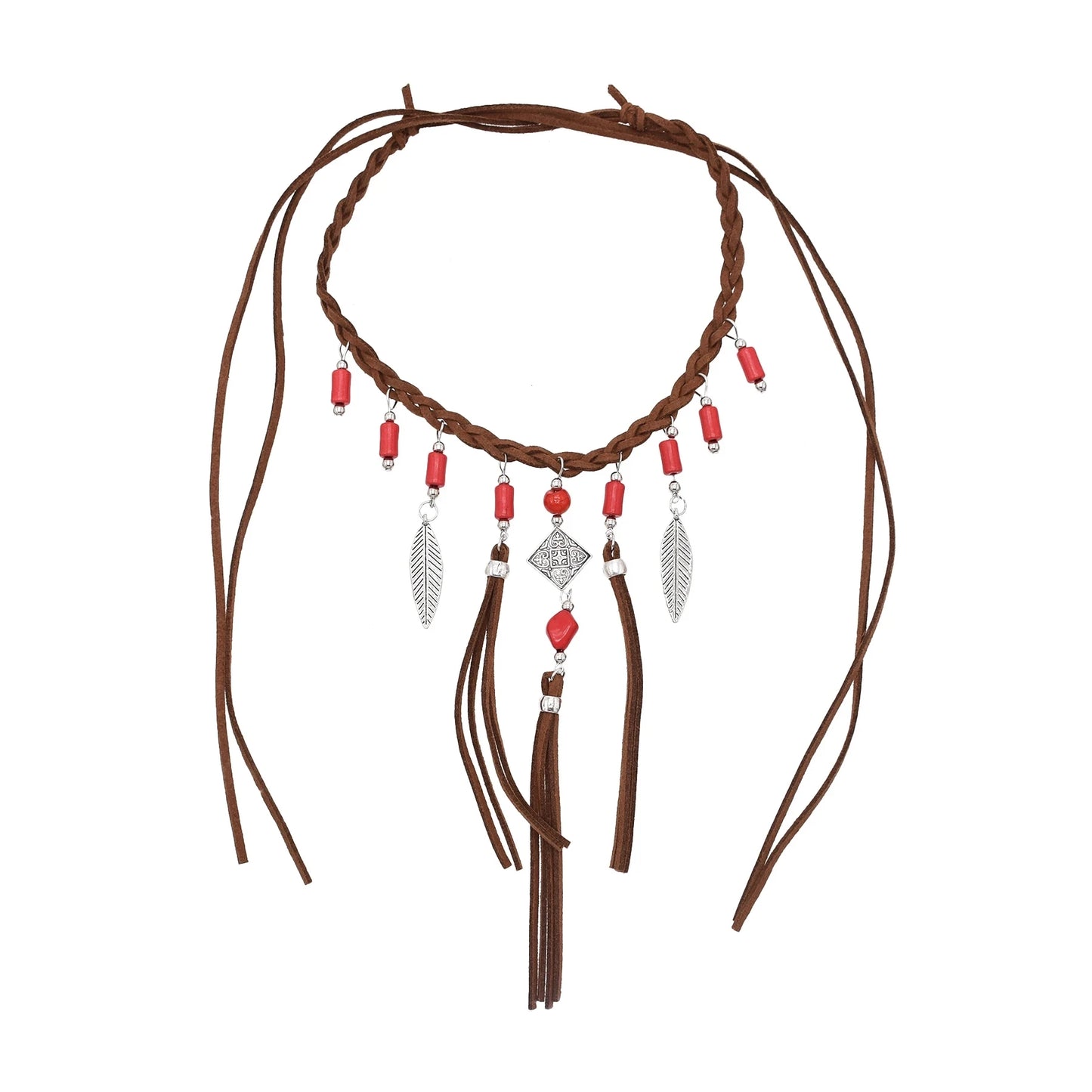 Retro Brown Leather Rope Woven Indian Necklace Acrylic Bead Leather Tassel Choker Ethnic Tribal Statement Jewelry also in Red Beads