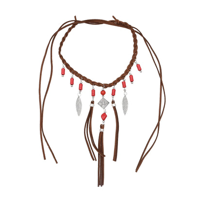 Retro Brown Leather Rope Woven Indian Necklace Acrylic Bead Leather Tassel Choker Ethnic Tribal Statement Jewelry also in Red Beads