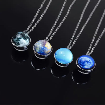 Double-Sided Galaxy Planet Glass Ball Pendant Necklace Sun Earth Moon Mars Galaxy Necklaces