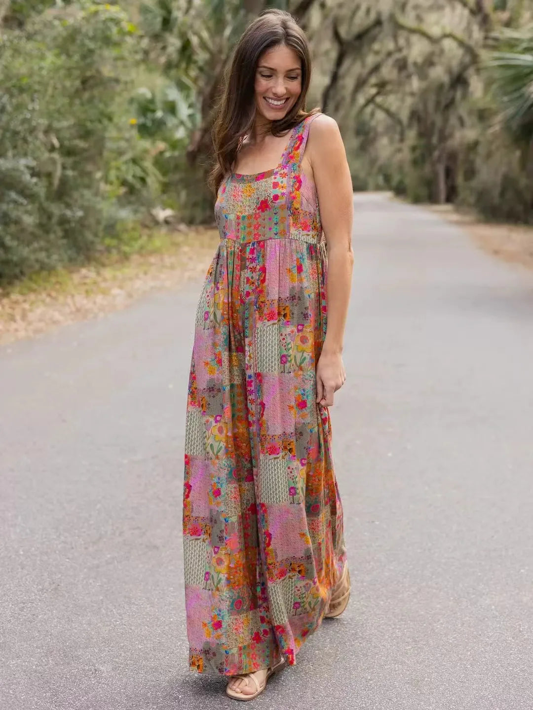 Sizes to 5XL,  Wide Strap, Square Neck, Printed, Loose Wide Leg Jumpsuit