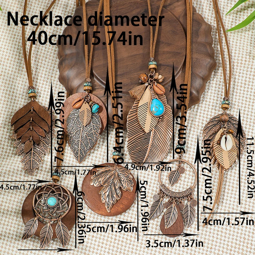 7 piece Boho Long Necklace Set, Brown Pendant Necklaces: Turquoise Shell Design Tribal Jewelry