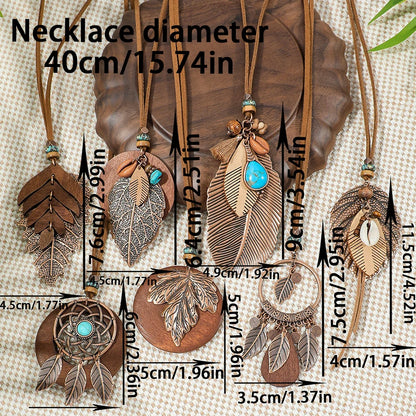 7 piece Boho Long Necklace Set, Brown Pendant Necklaces: Turquoise Shell Design Tribal Jewelry