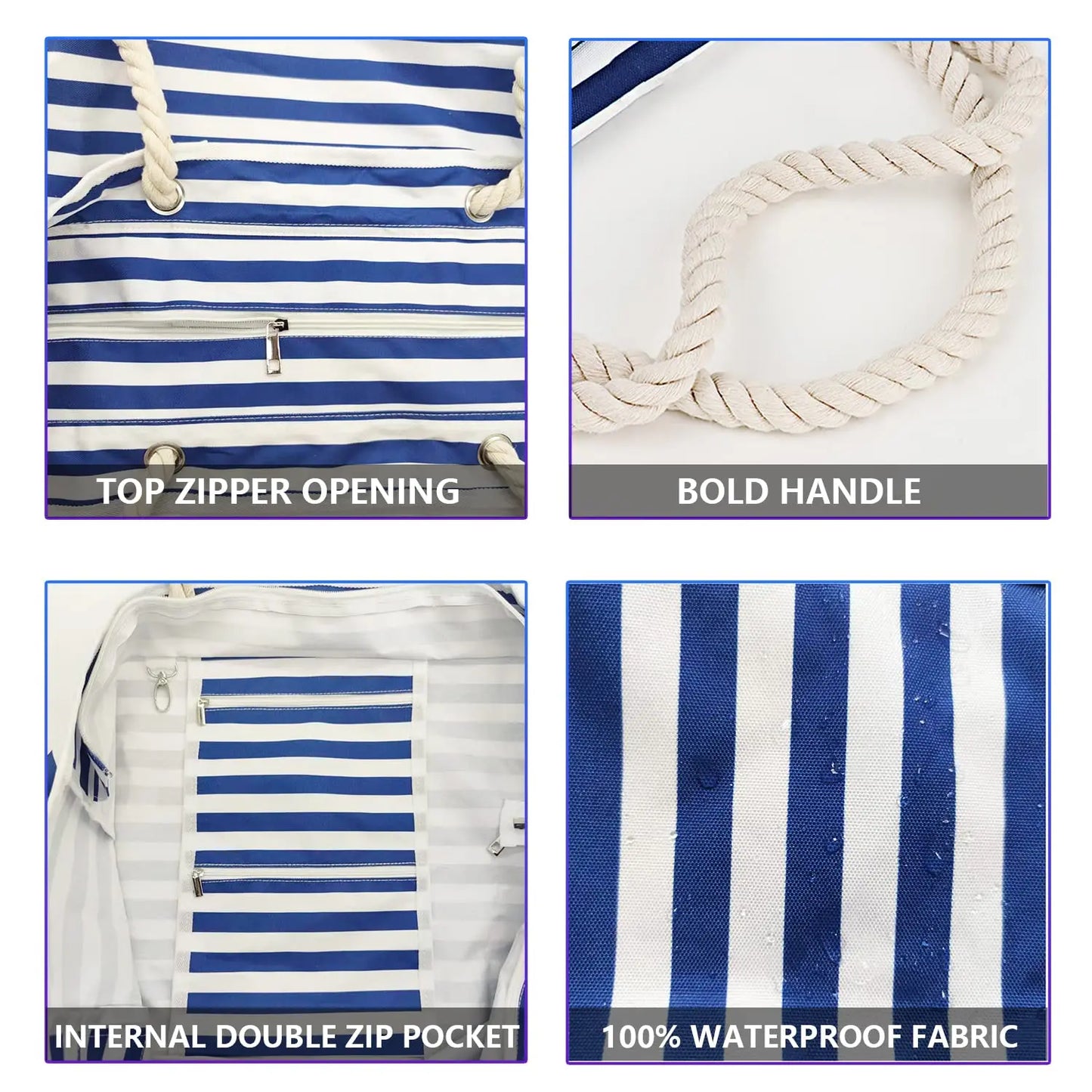 Waterproof, Striped Zipper Bag,  Sand-Resistant Canvas, Convenient Folding Beach Bag ﻿