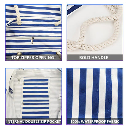 Waterproof, Striped Zipper Bag,  Sand-Resistant Canvas, Convenient Folding Beach Bag ﻿