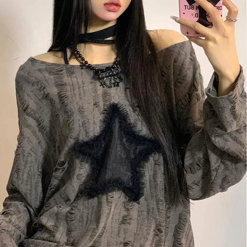 Star Print T-Shirt, Streetwear, Off Shoulder Tops, Oversized, Long Sleeve Loose Tees