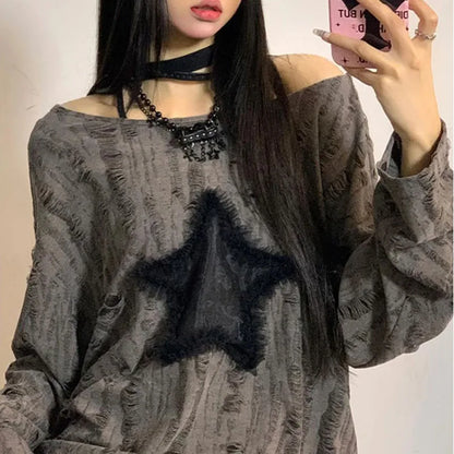 Star Print T-Shirt, Streetwear, Off Shoulder Tops, Oversized, Long Sleeve Loose Tees