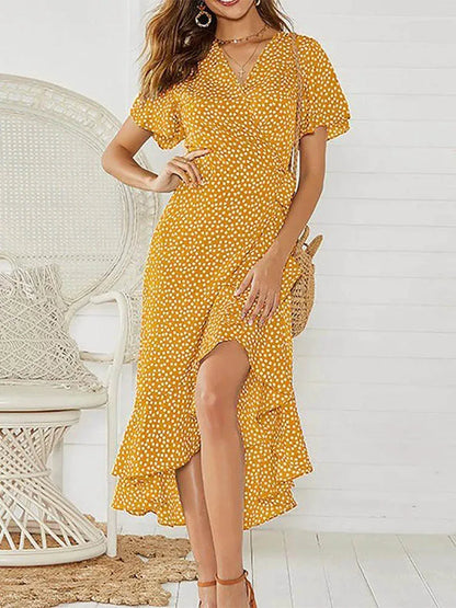 Bohemian Long Chiffon Dress, Ruffle Hem, Wrap  with Tie, Casual V-Neck
