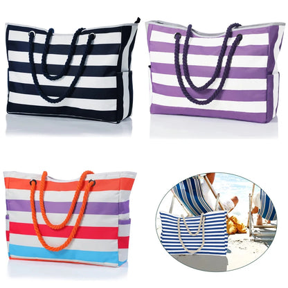 Waterproof, Striped Zipper Bag,  Sand-Resistant Canvas, Convenient Folding Beach Bag ﻿