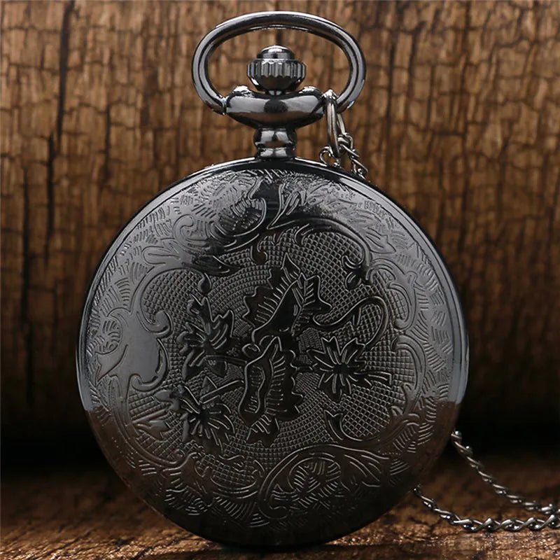 Vintage Charm Black Unisex Fashion Roman Numeral Quartz Steampunk Pocket Watch with Necklace chain
