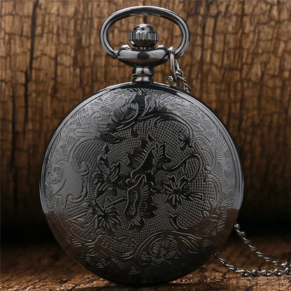 Vintage Charm Black Unisex Fashion Roman Numeral Quartz Steampunk Pocket Watch with Necklace chain