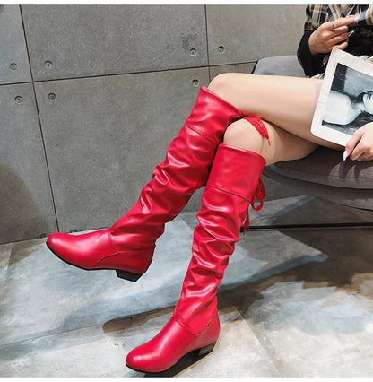 Knee High Boots, in Red, Black, and White, Tall Boots with Low Heel