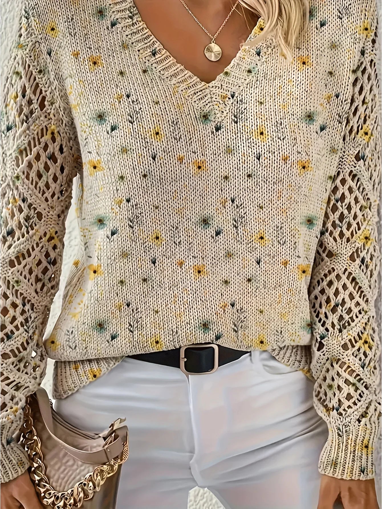 Boho Floral Print V Neck Crocheted Long Sleeved Sweater with Hollowed Out Knit Sleeves in 12 Different Designs