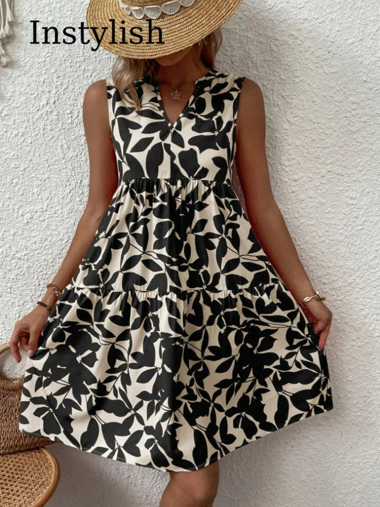 Sizes to 2XL, Boho Print Mini Dress, Sleeveless V Neck, A Line Tank Dress Casual Loose Oversize