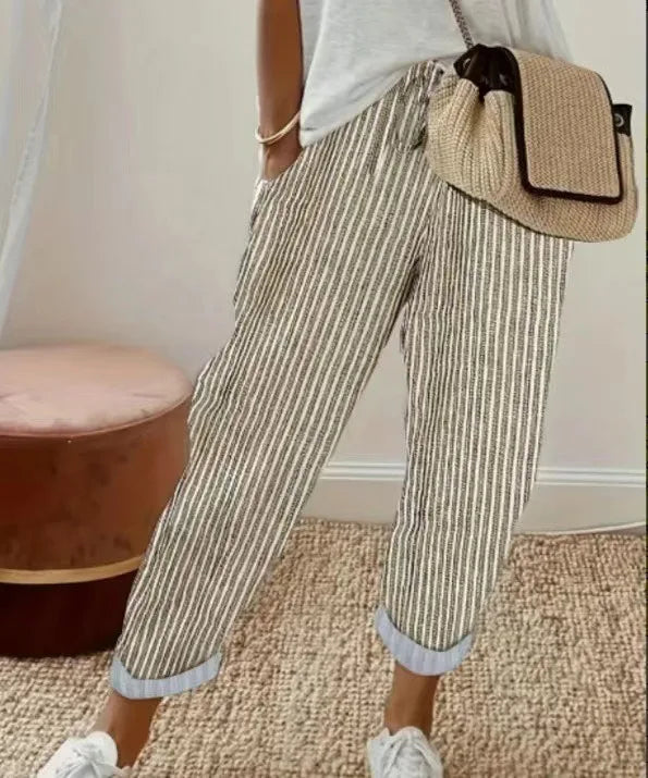 !0 colors, Casual Loose, Striped, Drawstring Elastic Waist Pants With Cuffs and Pockets