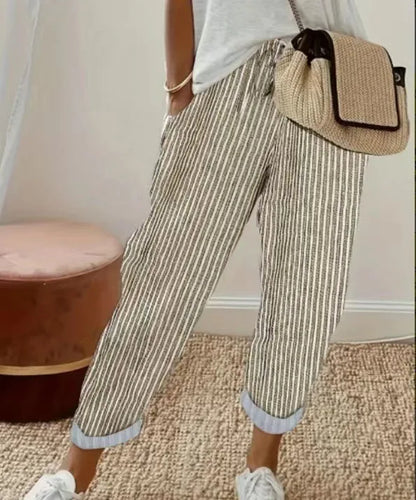 !0 colors, Casual Loose, Striped, Drawstring Elastic Waist Pants With Cuffs and Pockets