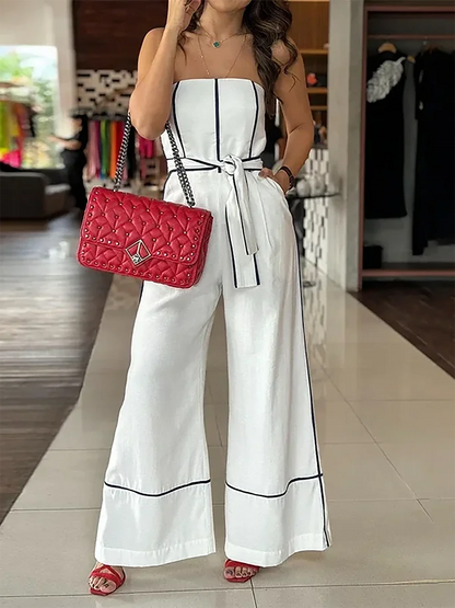 Chic Strapless Jumpsuit with Adjustable Waist Tie - White Wide-Leg Pants, Perfect for Spring/Summer/Fall