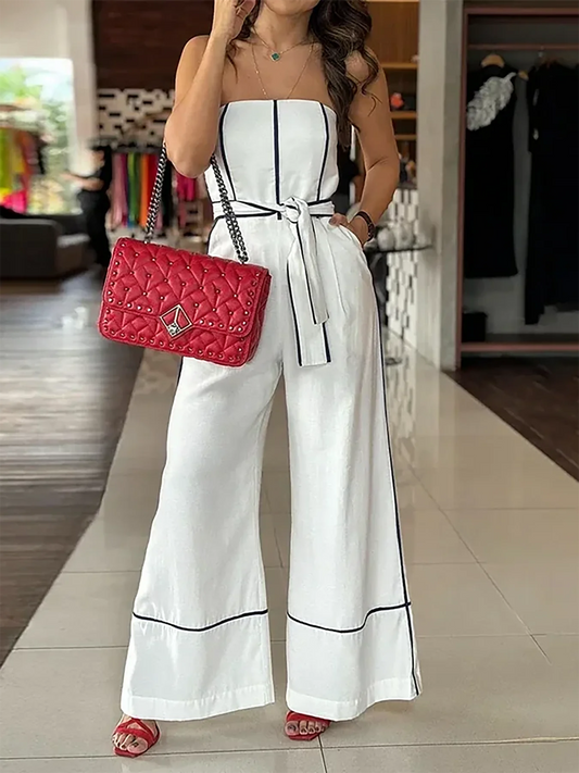Chic Strapless Jumpsuit with Adjustable Waist Tie - White Wide-Leg Pants, Perfect for Spring/Summer/Fall